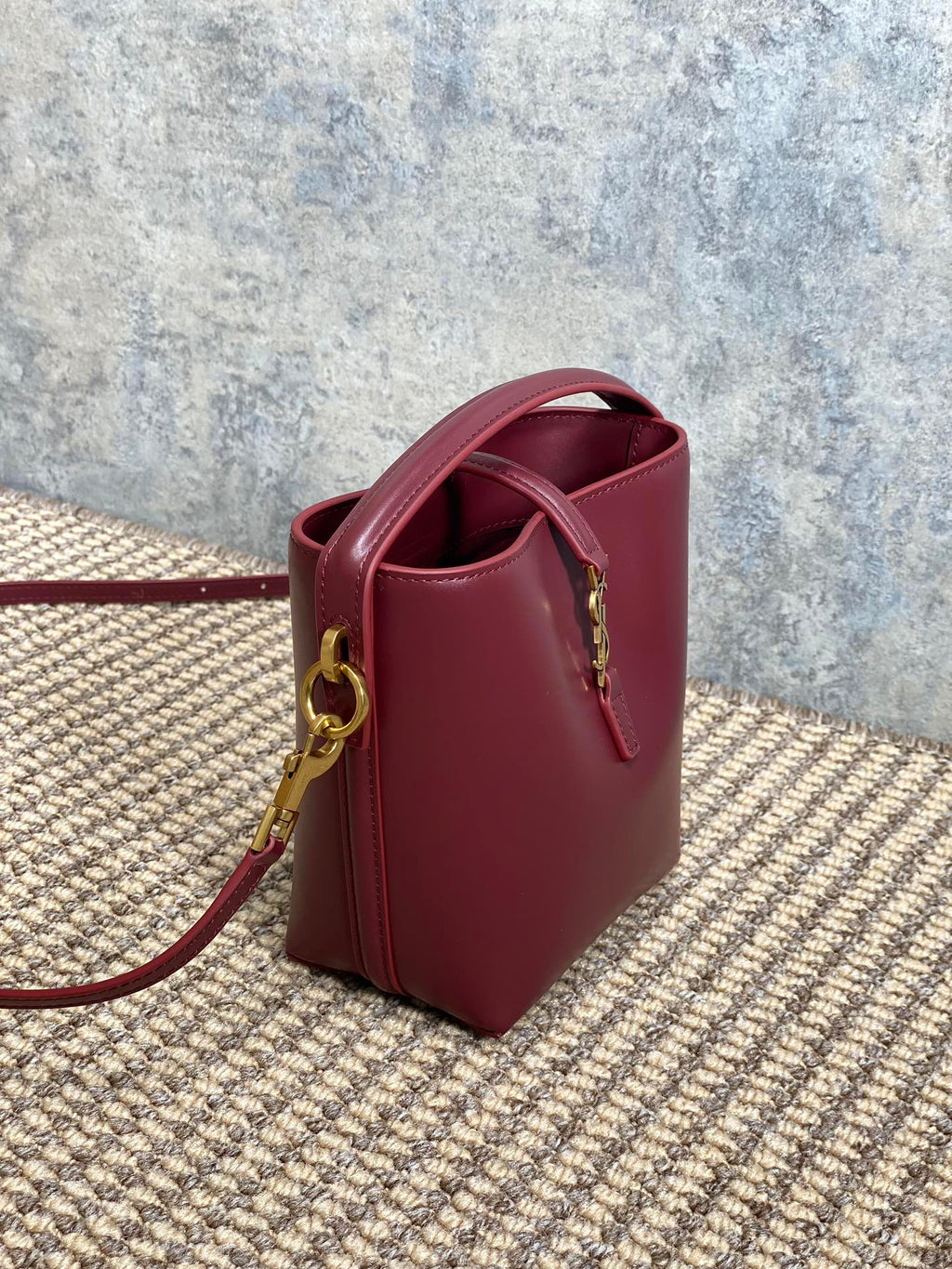 SAINT LAURENT LE 37 MINI BUCKET BAG 15 IN BURGUNDY RED CALFSKIN GOLD HARDWARE