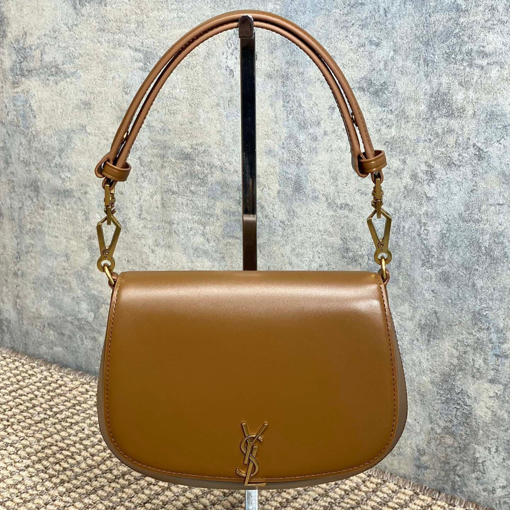 SAINT LAURENT VOLTAIRE TOP HANDLE IN BOX 21 IN TAWNY BROWN CALFSKIN GOLD HARDWARE
