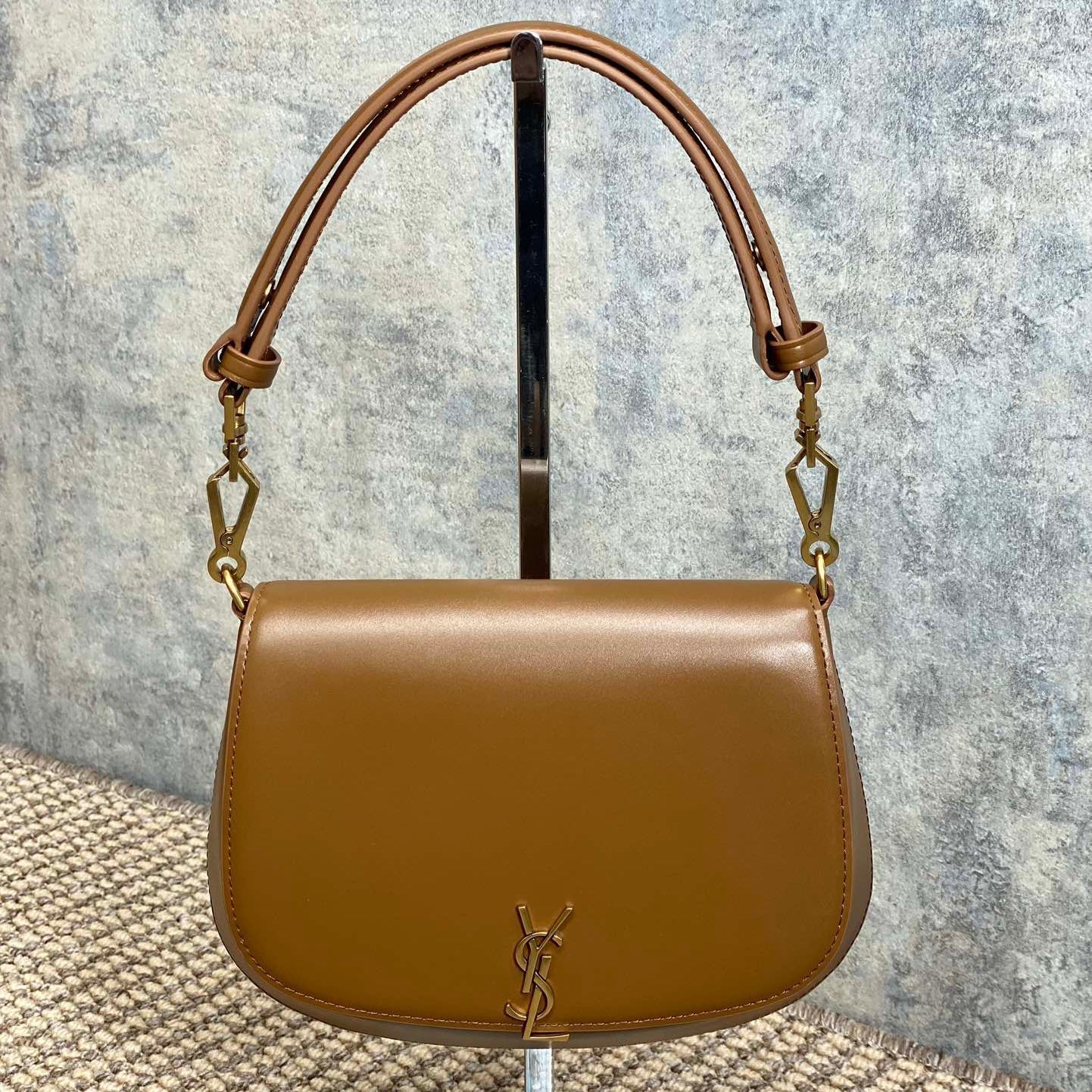 SAINT LAURENT VOLTAIRE TOP HANDLE IN BOX 21 IN TAWNY BROWN CALFSKIN GOLD HARDWARE