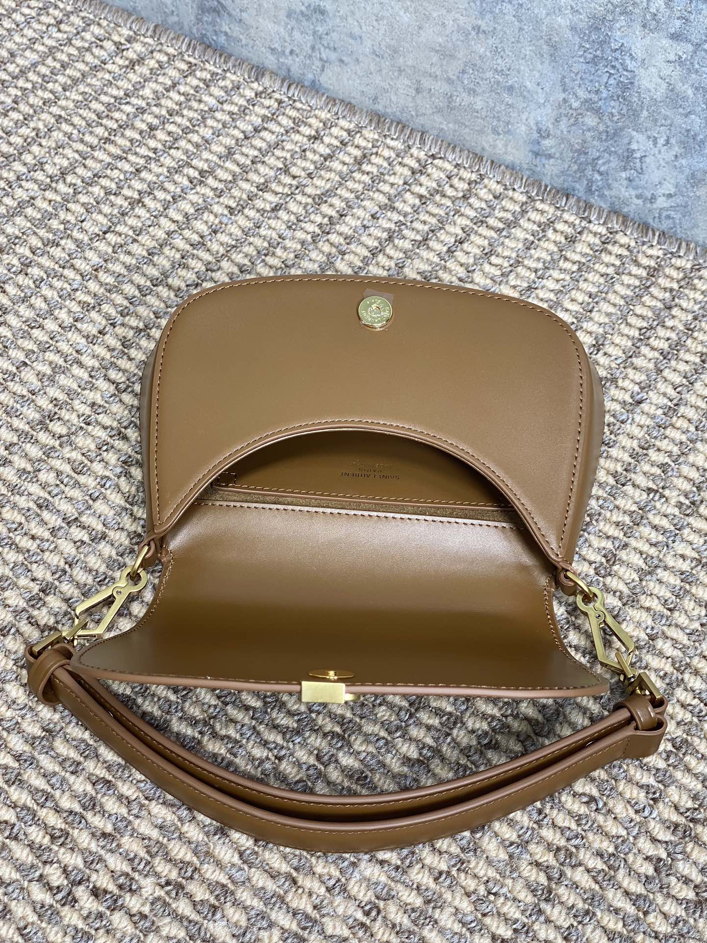 SAINT LAURENT VOLTAIRE TOP HANDLE IN BOX 21 IN TAWNY BROWN CALFSKIN GOLD HARDWARE