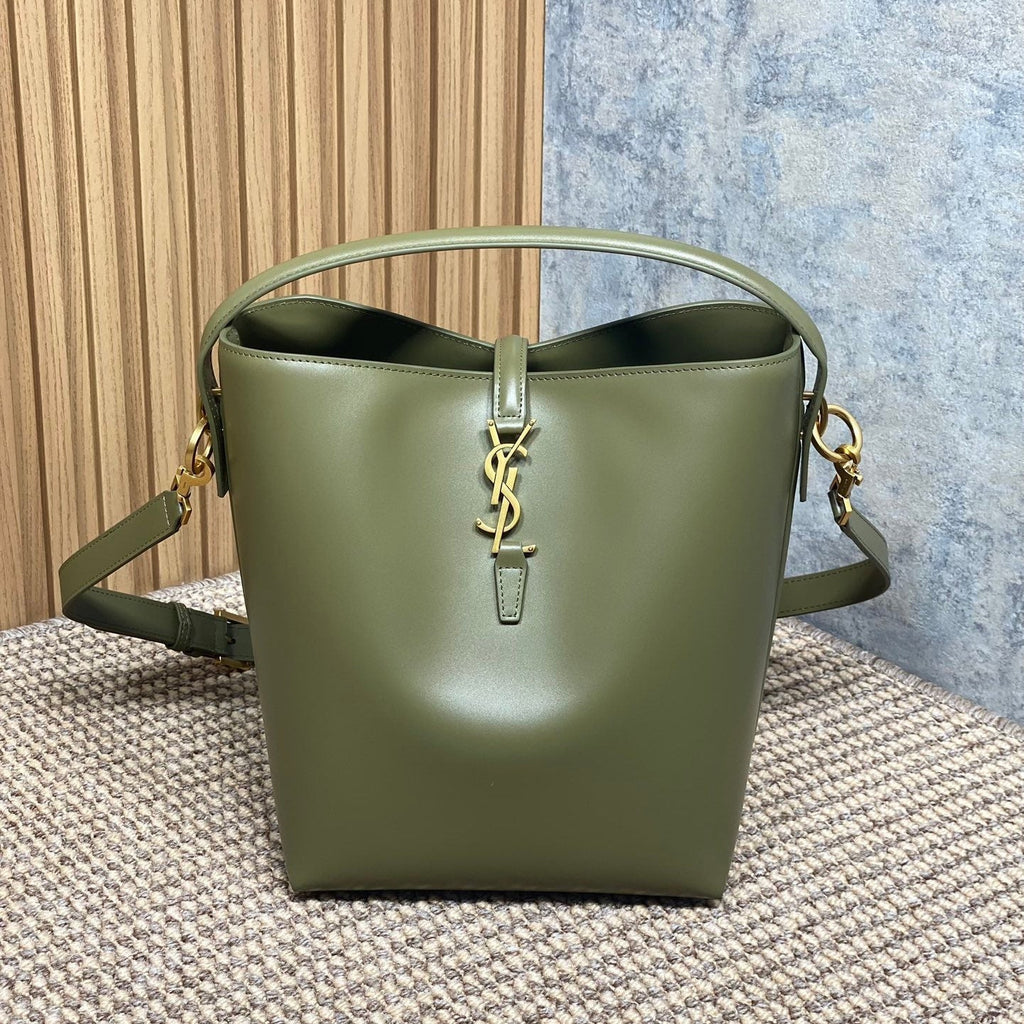 SAINT LAURENT LE 37 MEDIUM BUCKET BAG 25 IN AVOCADO GREEN CALFSKIN GOLD HARDWARE