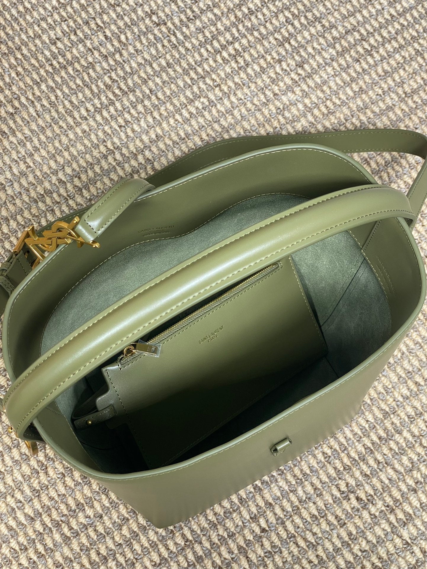 SAINT LAURENT LE 37 MEDIUM BUCKET BAG 25 IN AVOCADO GREEN CALFSKIN GOLD HARDWARE
