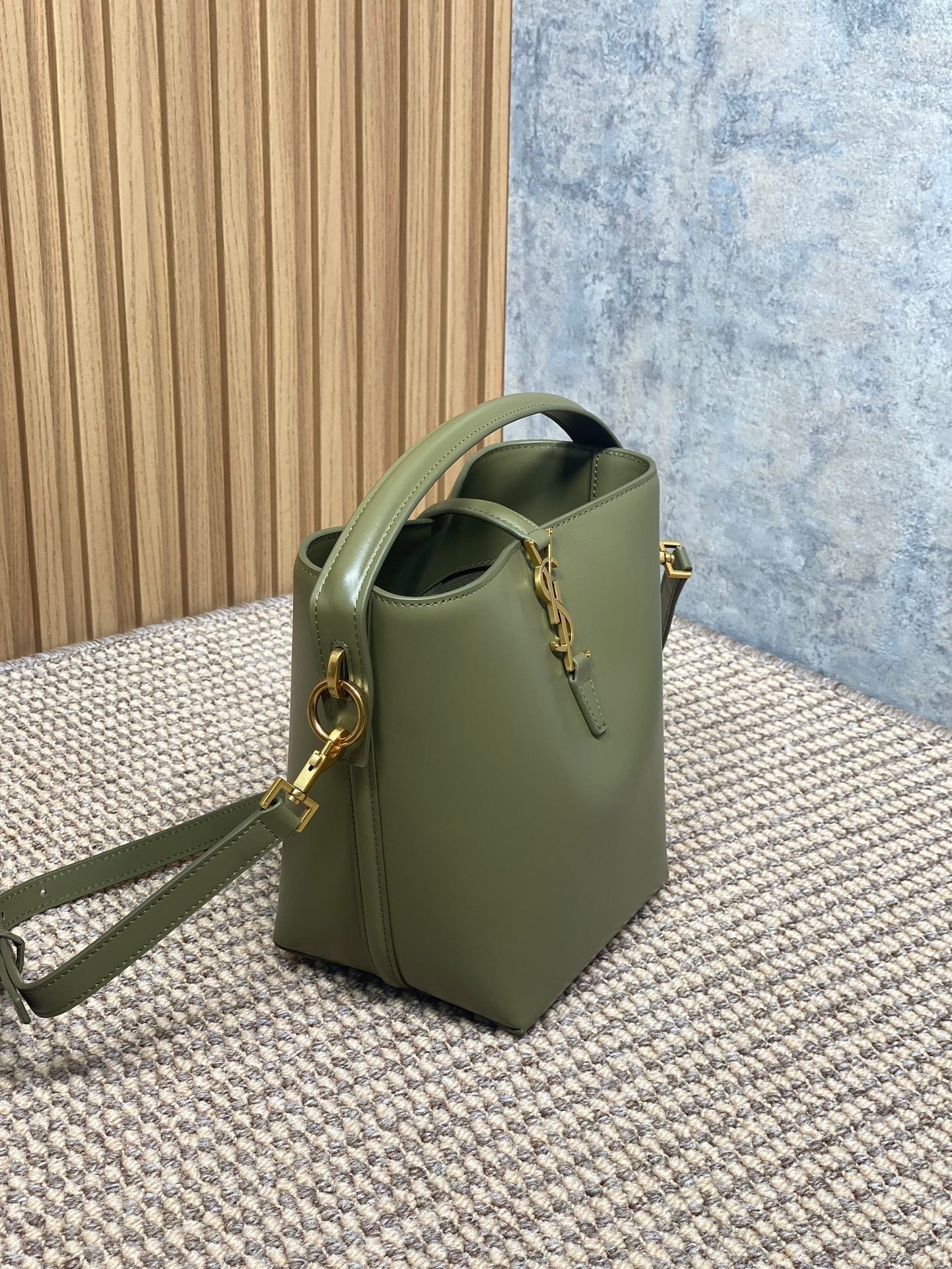 SAINT LAURENT LE 37 SMALL BUCKET BAG 20 IN AVOCADO GREEN CALFSKIN GOLD HARDWARE