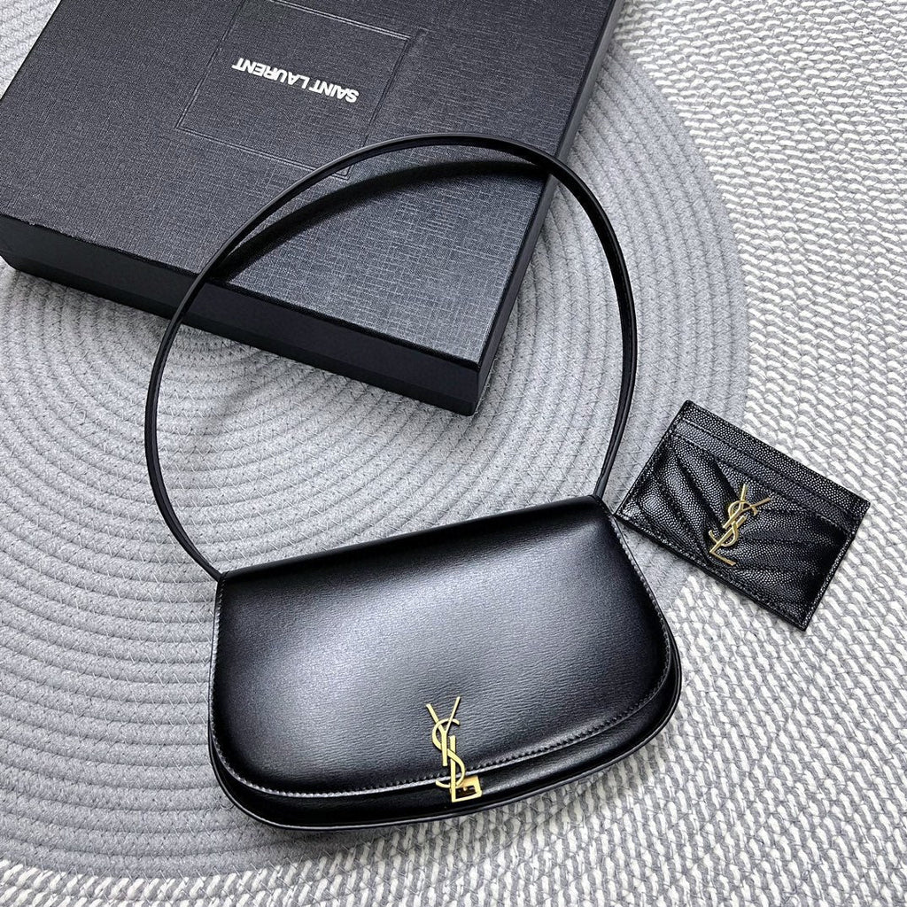 SAINT LAURENT VOLTAIRE IN BOX 21 IN BLACK CALFSKIN GOLD LOGO