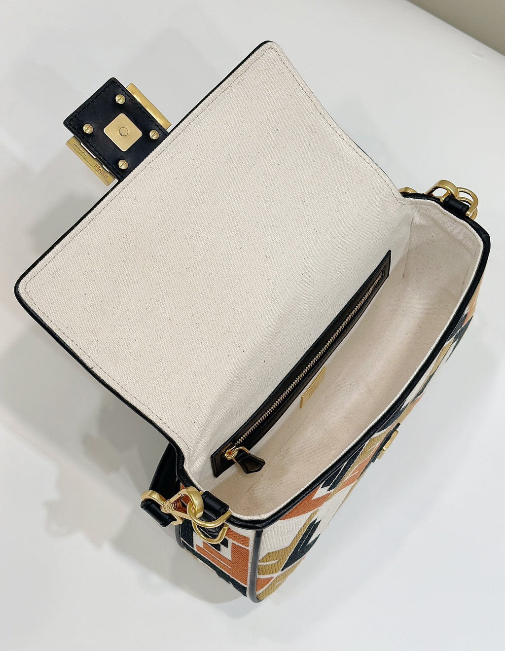 FENDI BAGUETTE CANVAS 27 BAG WITH MULTICOLOUR EMBROIDERY GOLD HARDWARE