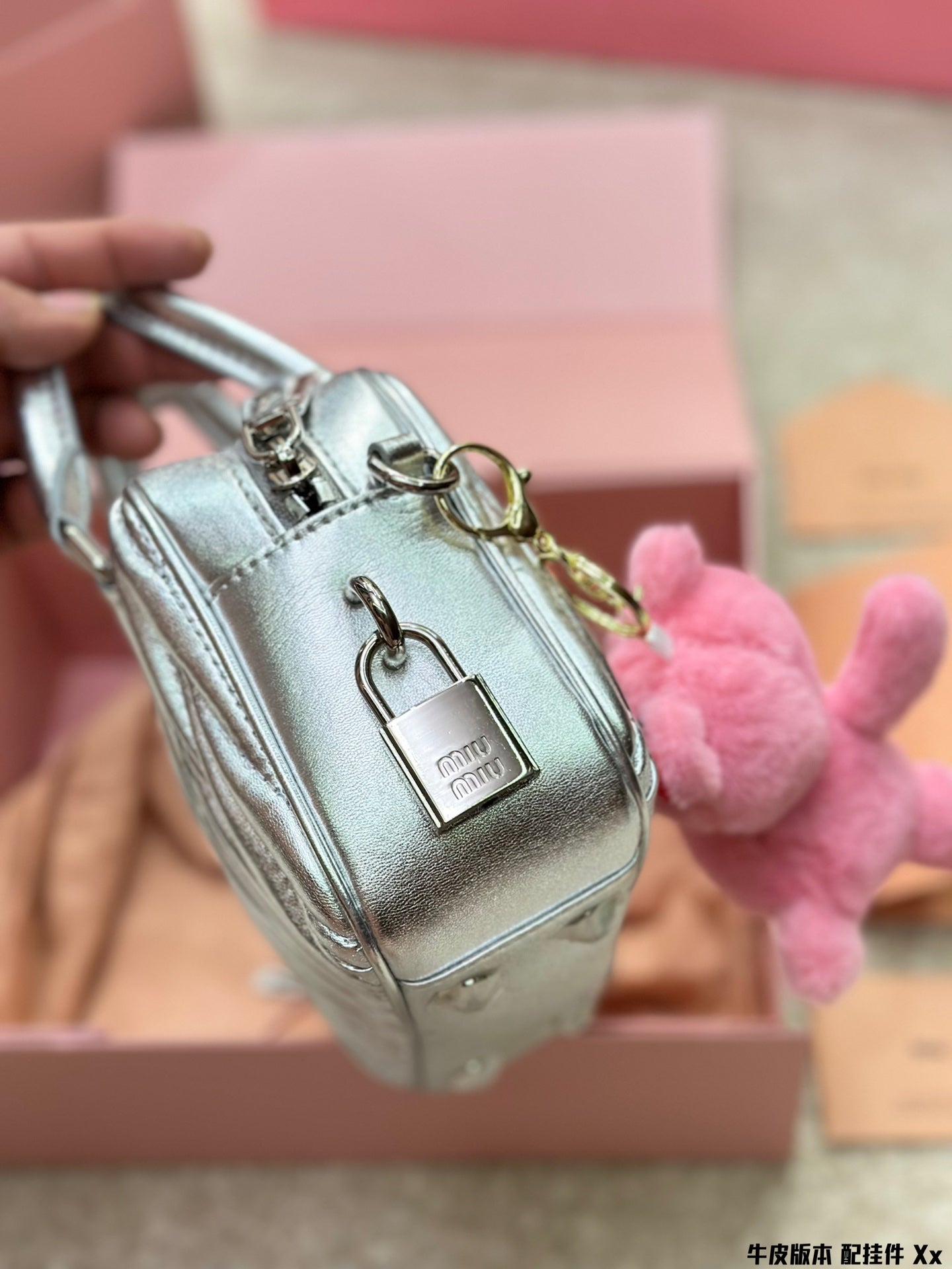 MIU MIU BOWLING BAG 21 IN SILVER LAMBSKIN