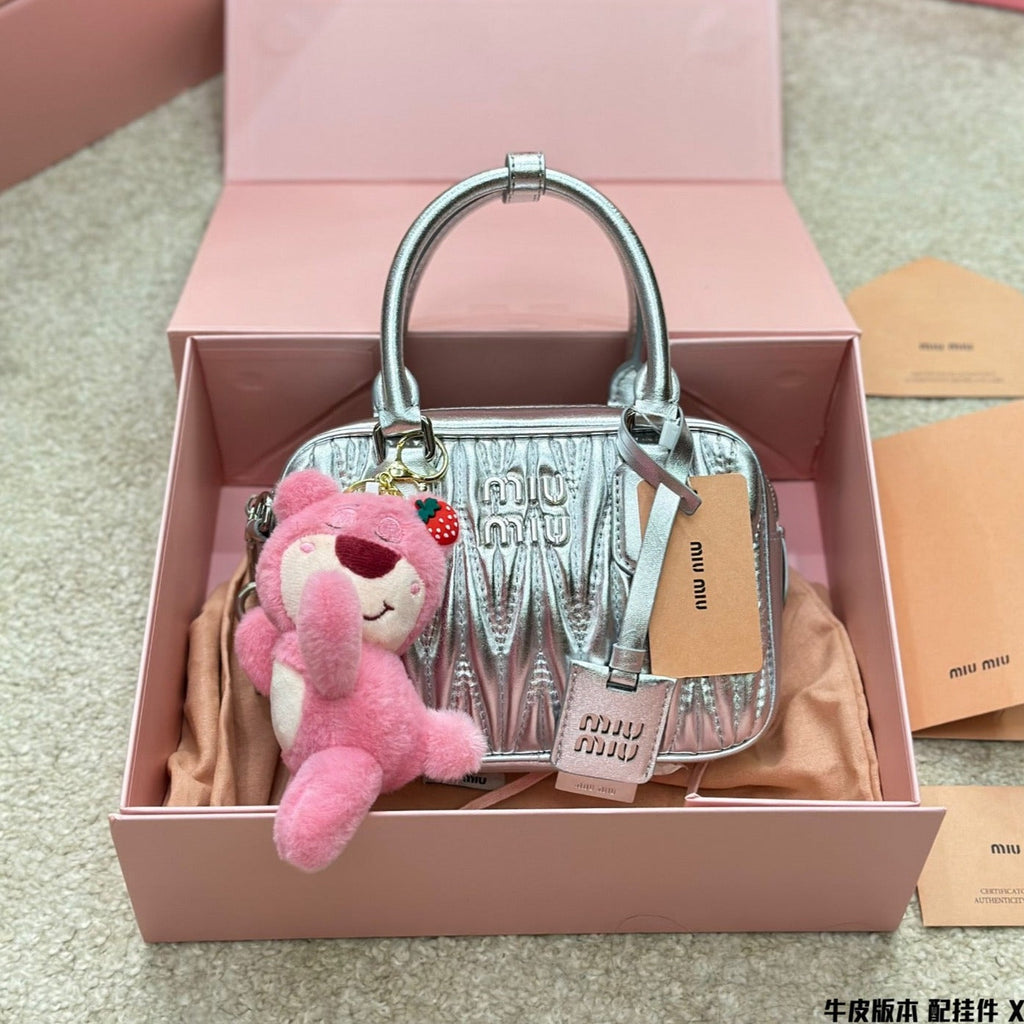 MIU MIU BOWLING BAG 21 IN SILVER LAMBSKIN