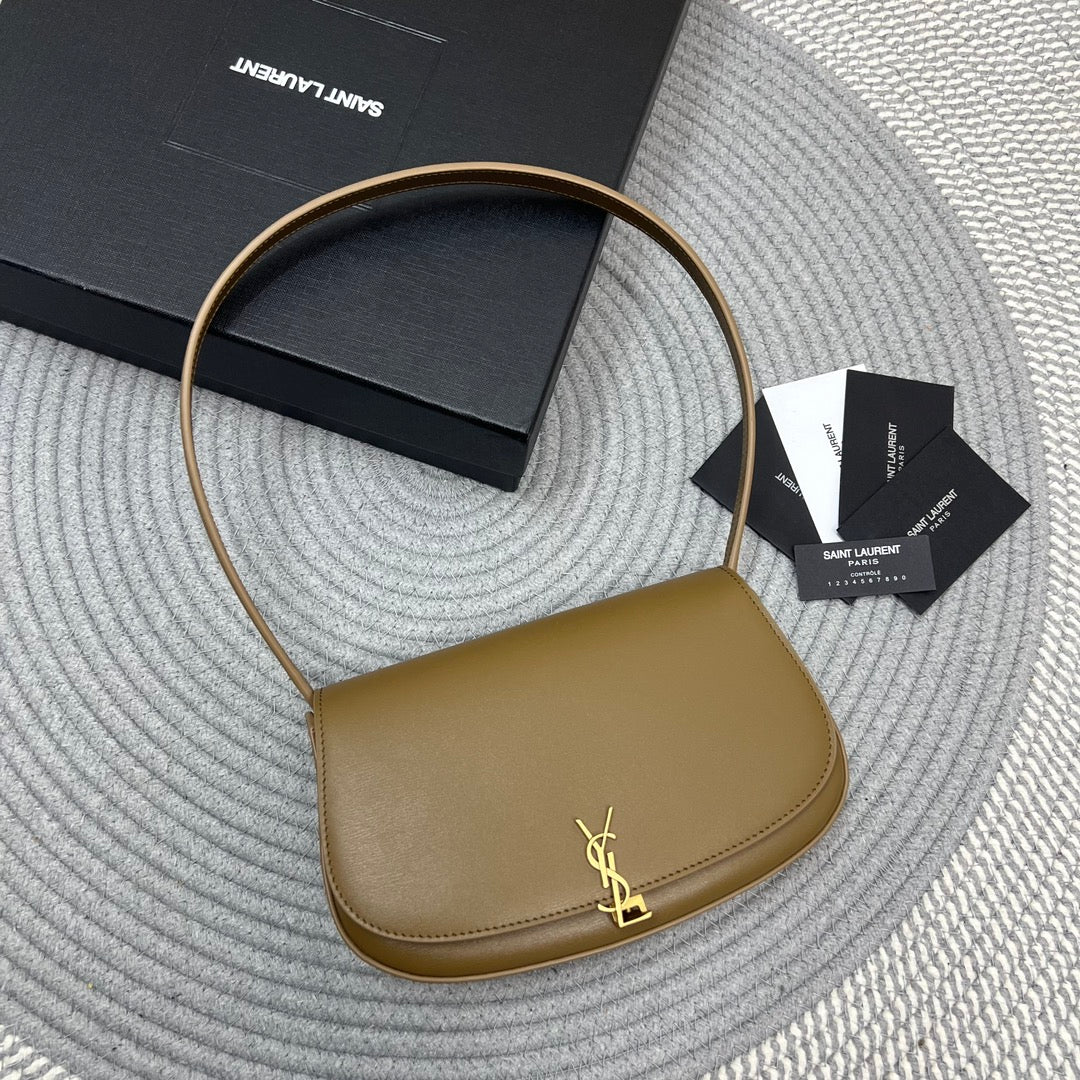 SAINT LAURENT VOLTAIRE IN BOX 21 IN CARAMEL BROWN CALFSKIN GOLD LOGO