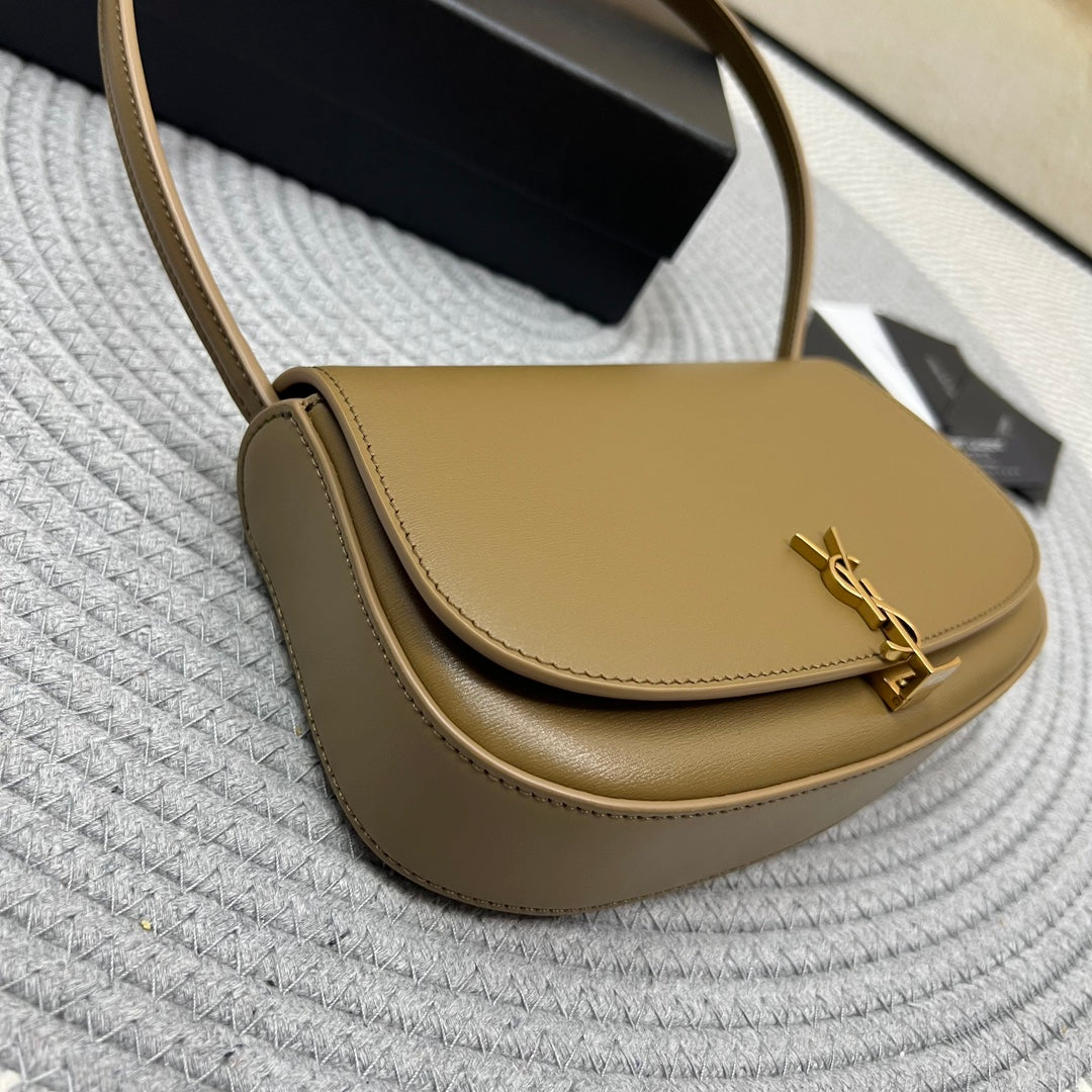 SAINT LAURENT VOLTAIRE IN BOX 21 IN CARAMEL BROWN CALFSKIN GOLD LOGO
