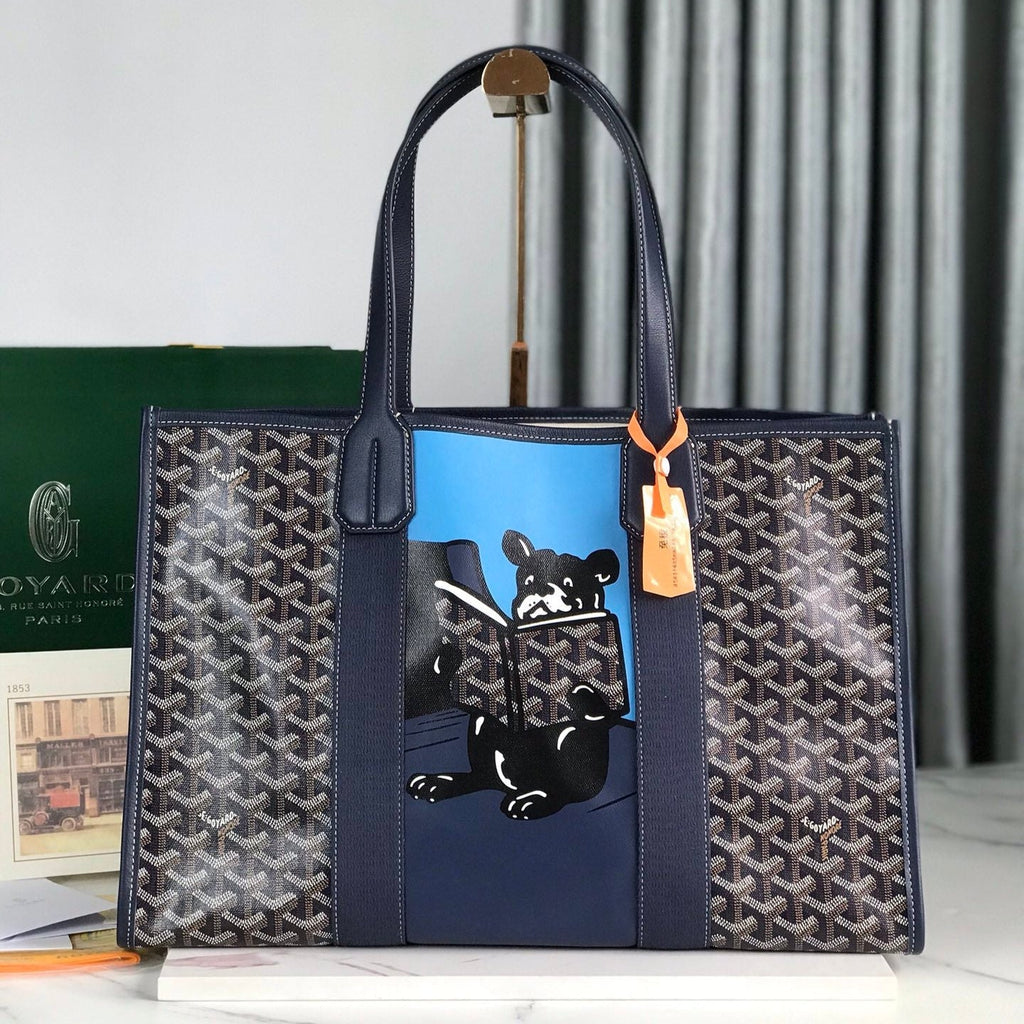 GOYARD GOYA VILLETTE TOTE 45 IN NAVY BLUE GOYARDINE CANVAS