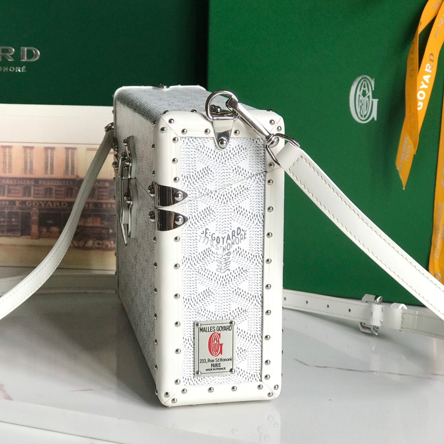 GOYARD CASSETTE TRUNK BAG 21 IN WHITE GOYARDINE CANVAS & CLAMECY COWHIDE