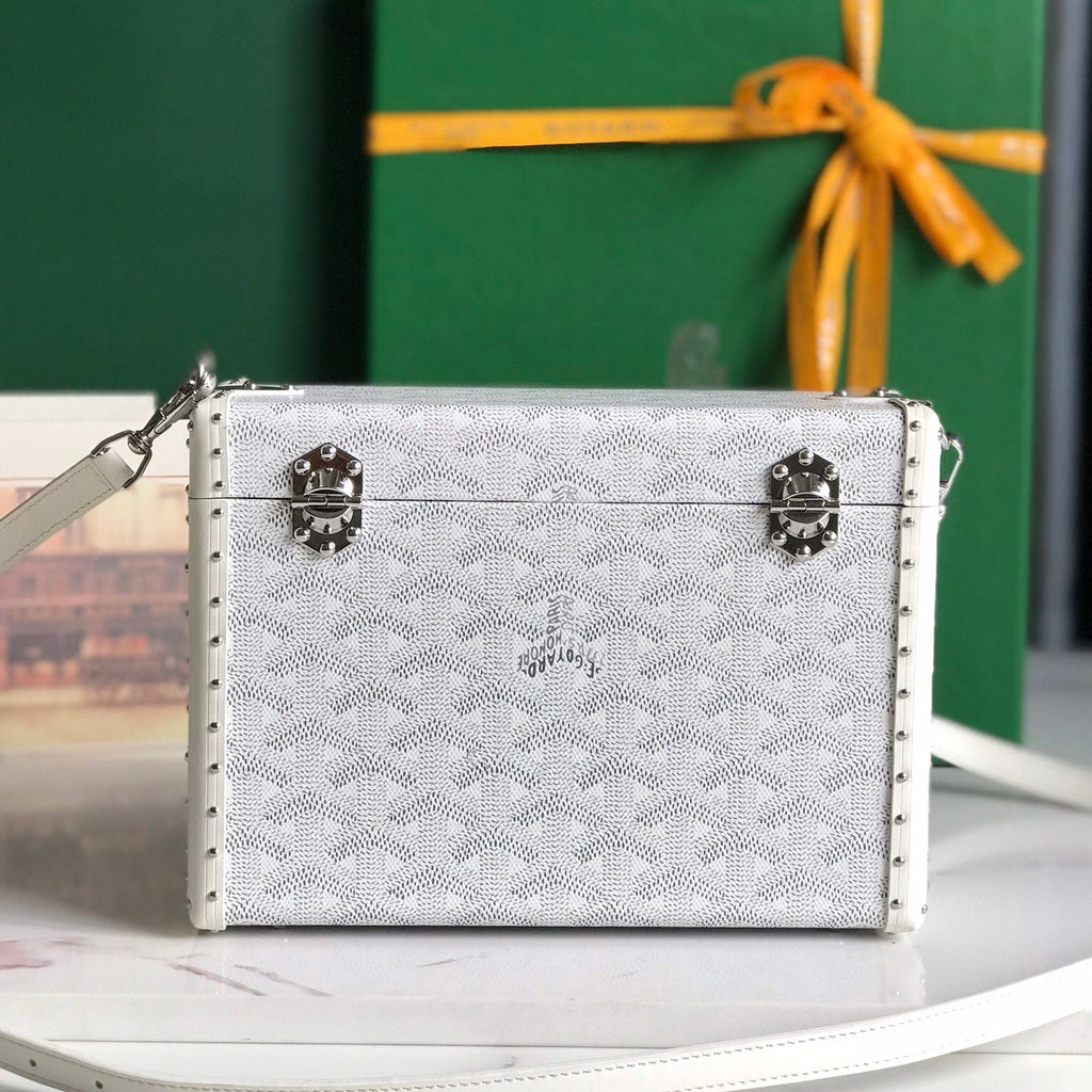 GOYARD CASSETTE TRUNK BAG 21 IN WHITE GOYARDINE CANVAS & CLAMECY COWHIDE