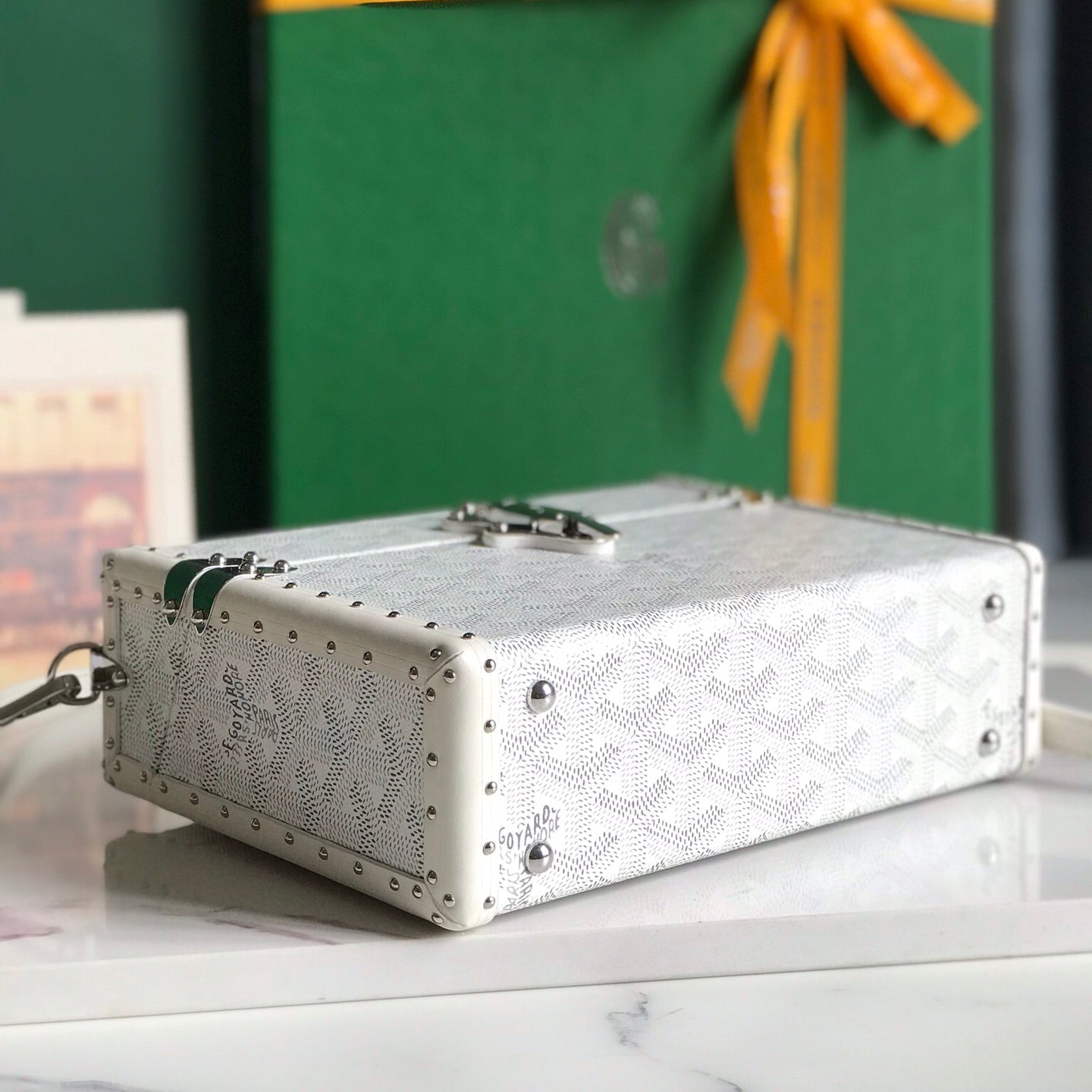 GOYARD CASSETTE TRUNK BAG 21 IN WHITE GOYARDINE CANVAS & CLAMECY COWHIDE