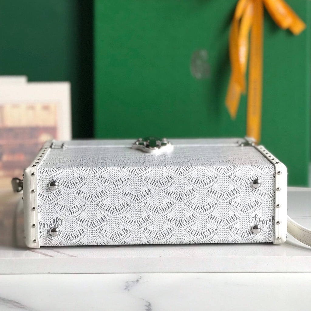 GOYARD CASSETTE TRUNK BAG 21 IN WHITE GOYARDINE CANVAS & CLAMECY COWHIDE