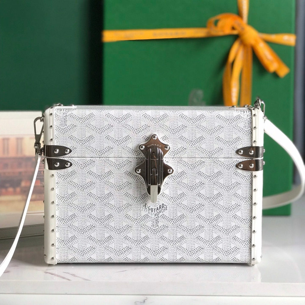 GOYARD CASSETTE TRUNK BAG 21 IN WHITE GOYARDINE CANVAS & CLAMECY COWHIDE