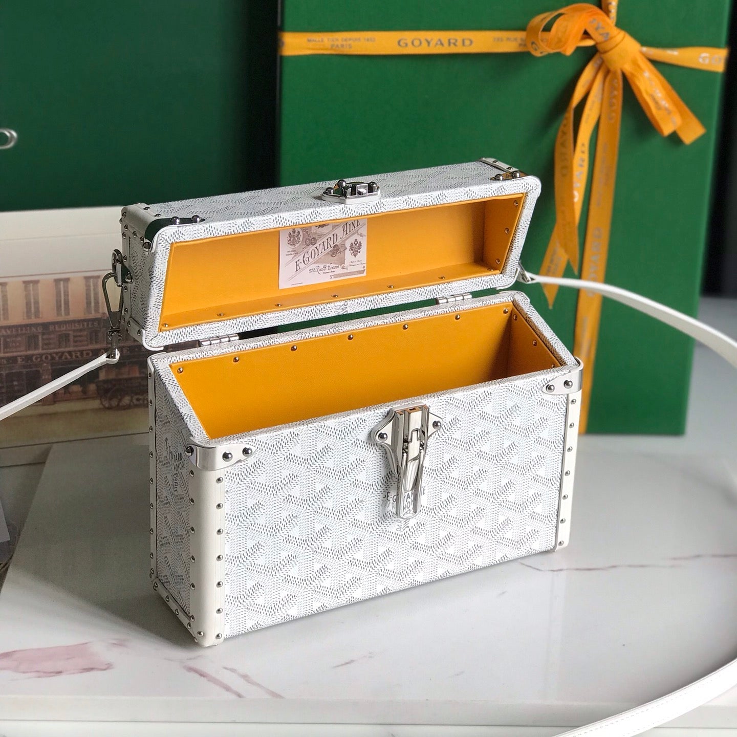GOYARD CASSETTE TRUNK BAG 21 IN WHITE GOYARDINE CANVAS & CLAMECY COWHIDE