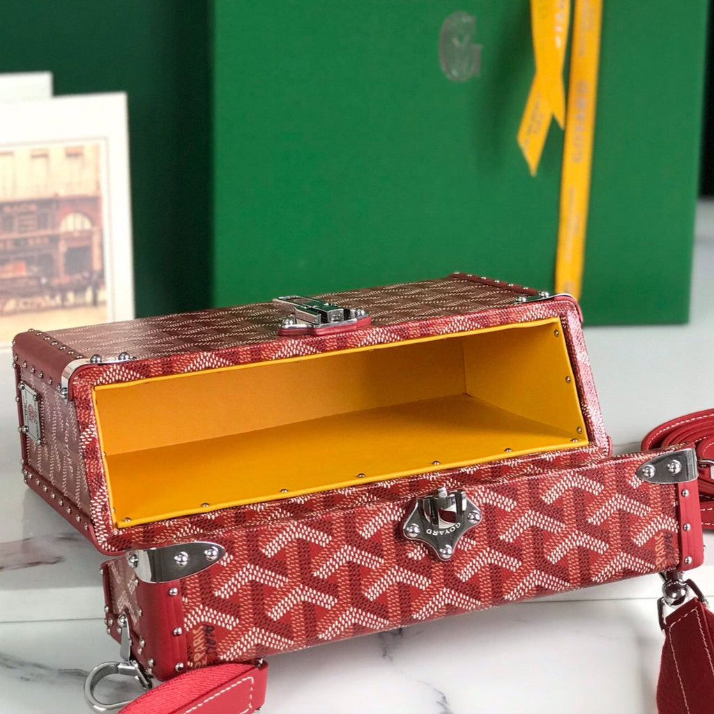 GOYARD CASSETTE TRUNK BAG 21 IN BURGUNDY RED GOYARDINE CANVAS & CLAMECY COWHIDE