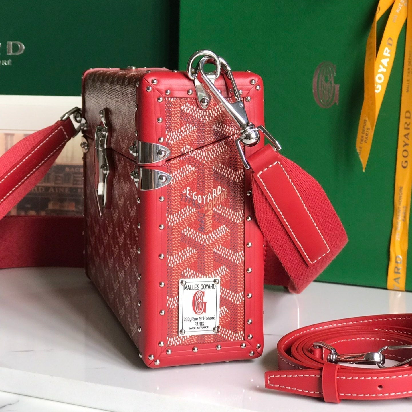 GOYARD CASSETTE TRUNK BAG 21 IN BURGUNDY RED GOYARDINE CANVAS & CLAMECY COWHIDE