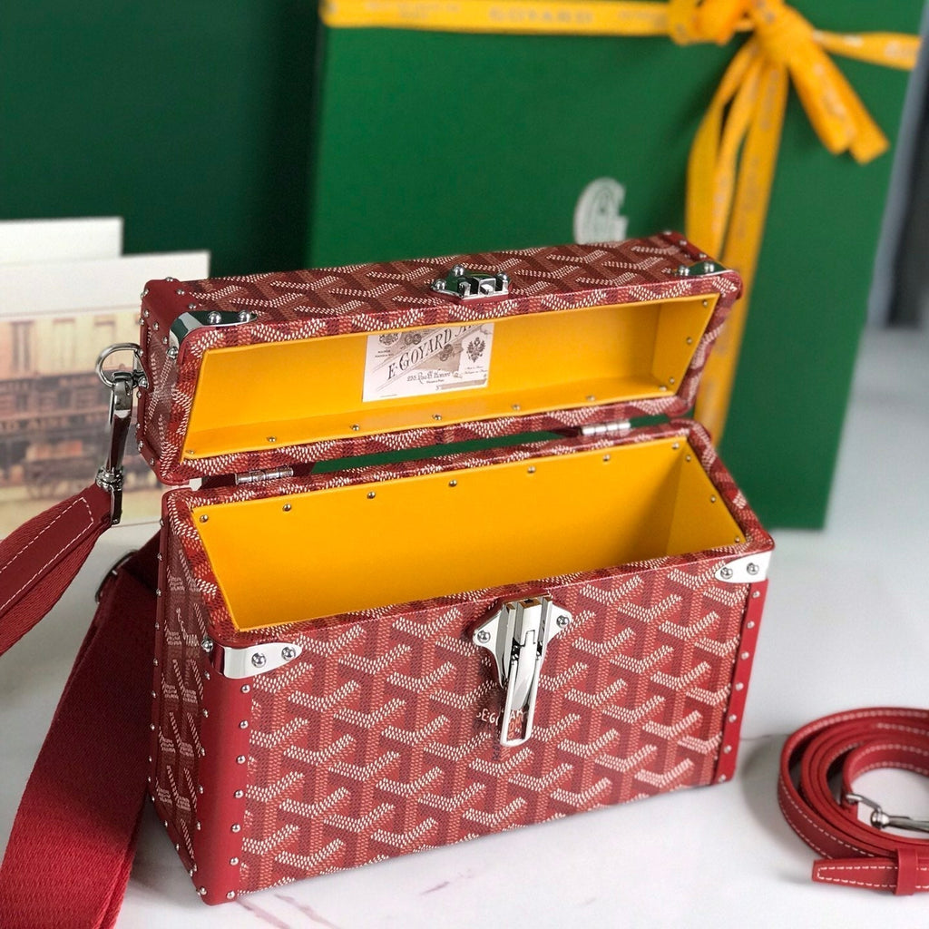 GOYARD CASSETTE TRUNK BAG 21 IN BURGUNDY RED GOYARDINE CANVAS & CLAMECY COWHIDE