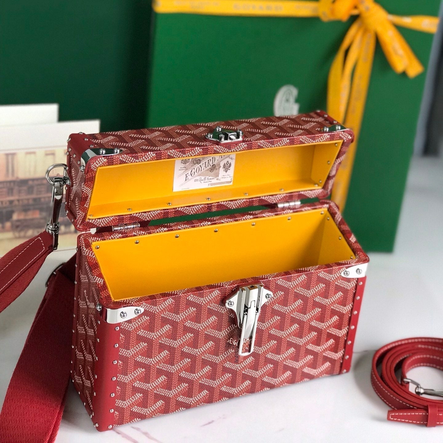 GOYARD CASSETTE TRUNK BAG 21 IN BURGUNDY RED GOYARDINE CANVAS & CLAMECY COWHIDE
