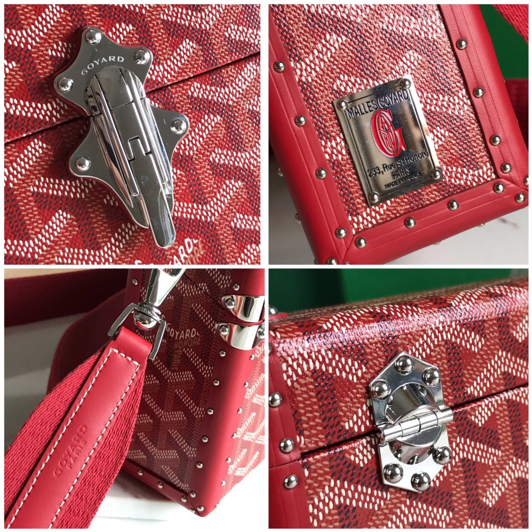 GOYARD CASSETTE TRUNK BAG 21 IN BURGUNDY RED GOYARDINE CANVAS & CLAMECY COWHIDE