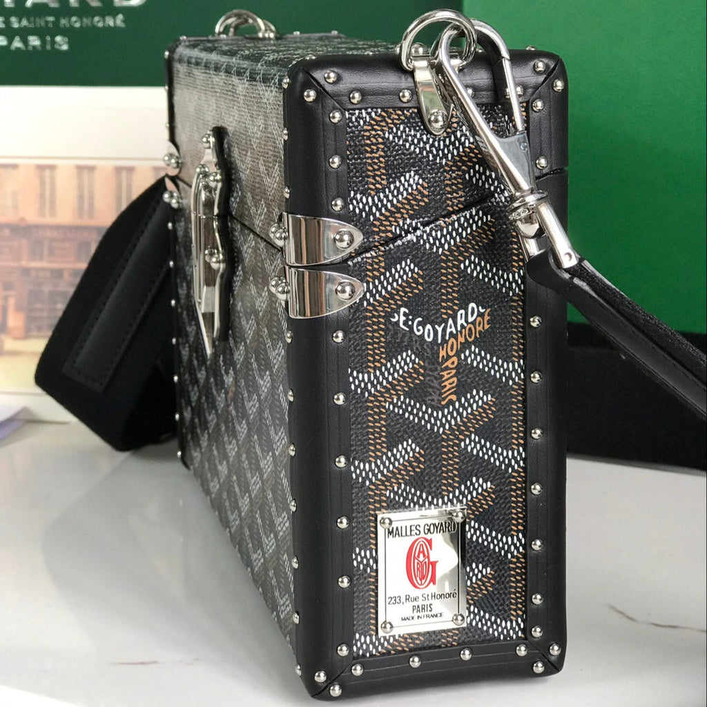 GOYARD CASSETTE TRUNK BAG 21 IN BLACK GOYARDINE CANVAS & CLAMECY COWHIDE