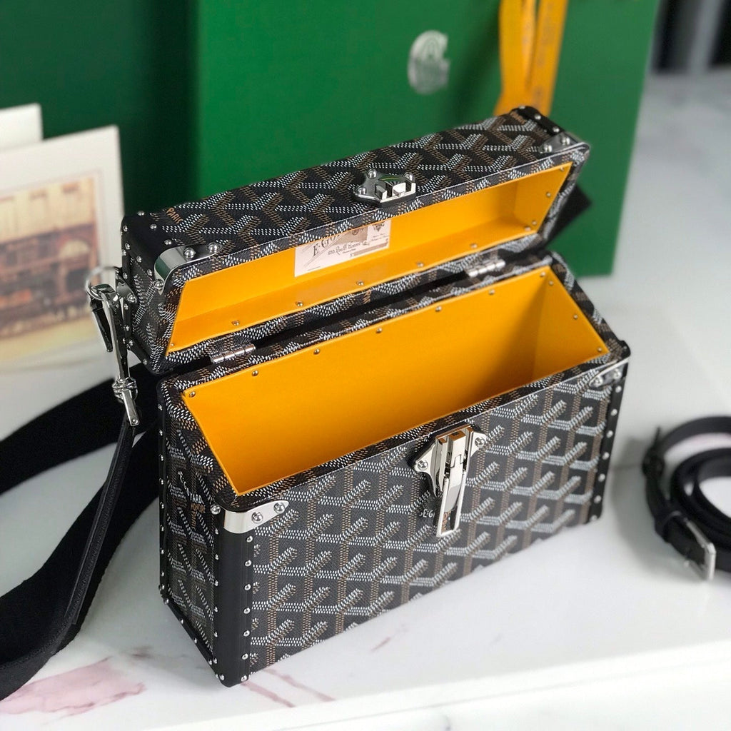GOYARD CASSETTE TRUNK BAG 21 IN BLACK GOYARDINE CANVAS & CLAMECY COWHIDE