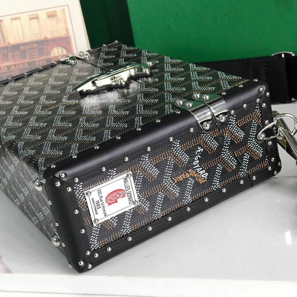 GOYARD CASSETTE TRUNK BAG 21 IN BLACK GOYARDINE CANVAS & CLAMECY COWHIDE