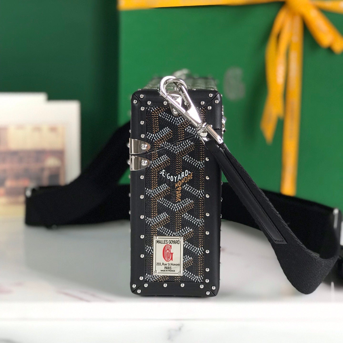 GOYARD CASSETTE TRUNK BAG 21 IN BLACK GOYARDINE CANVAS & CLAMECY COWHIDE