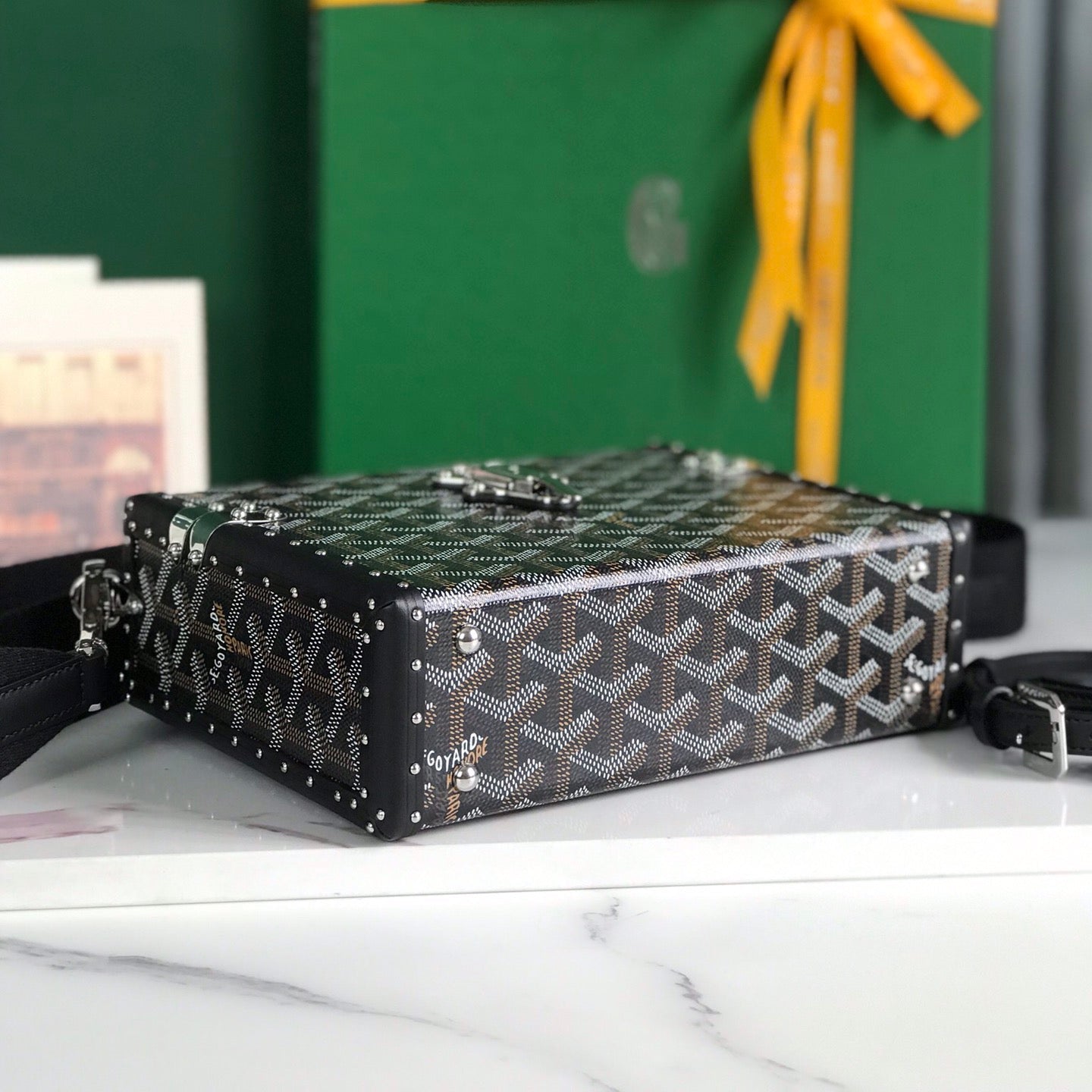 GOYARD CASSETTE TRUNK BAG 21 IN BLACK GOYARDINE CANVAS & CLAMECY COWHIDE
