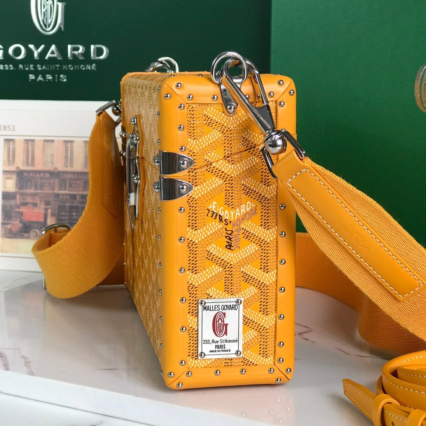 GOYARD CASSETTE TRUNK BAG 21 IN YELLOW GOYARDINE CANVAS & CLAMECY COWHIDE
