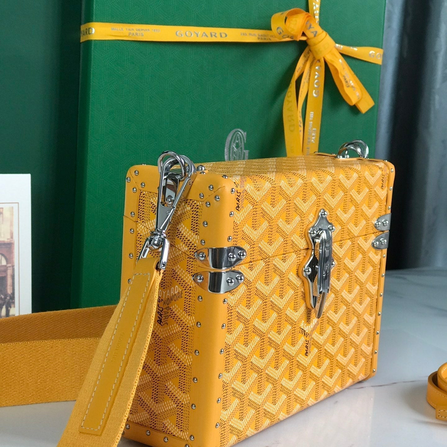 GOYARD CASSETTE TRUNK BAG 21 IN YELLOW GOYARDINE CANVAS & CLAMECY COWHIDE