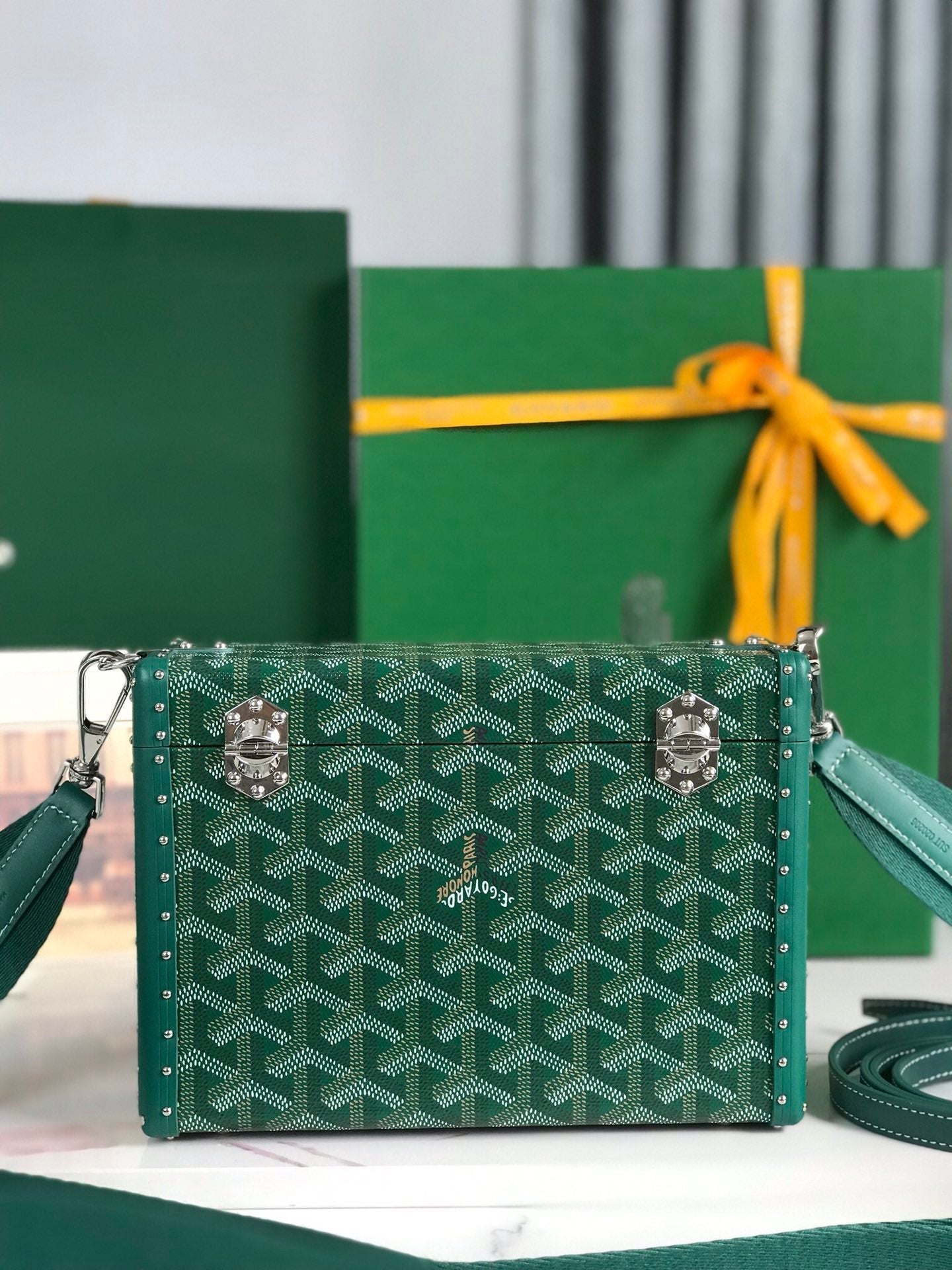 GOYARD CASSETTE TRUNK BAG 21 IN GREEN GOYARDINE CANVAS & CLAMECY COWHIDE