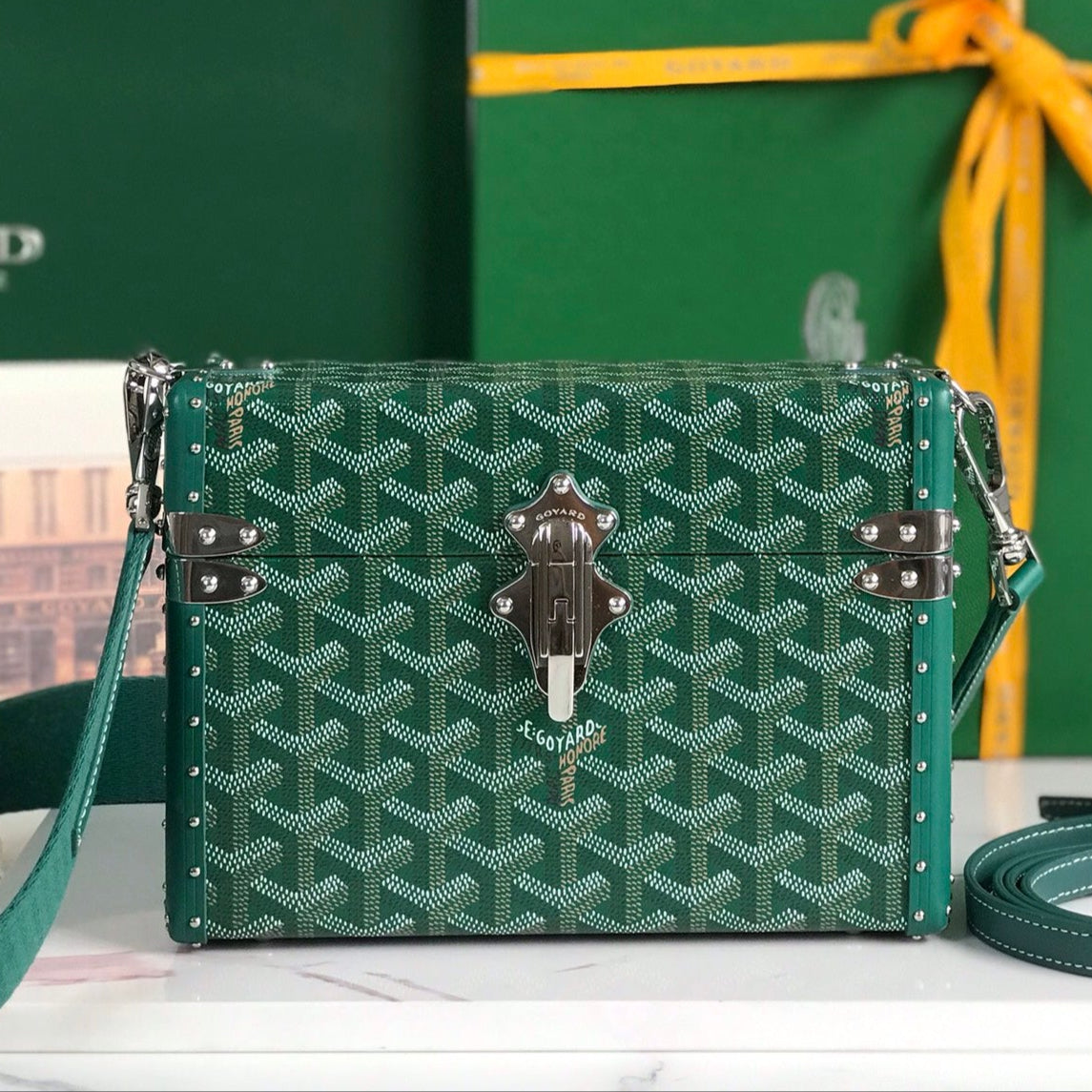 GOYARD CASSETTE TRUNK BAG 21 IN GREEN GOYARDINE CANVAS & CLAMECY COWHIDE