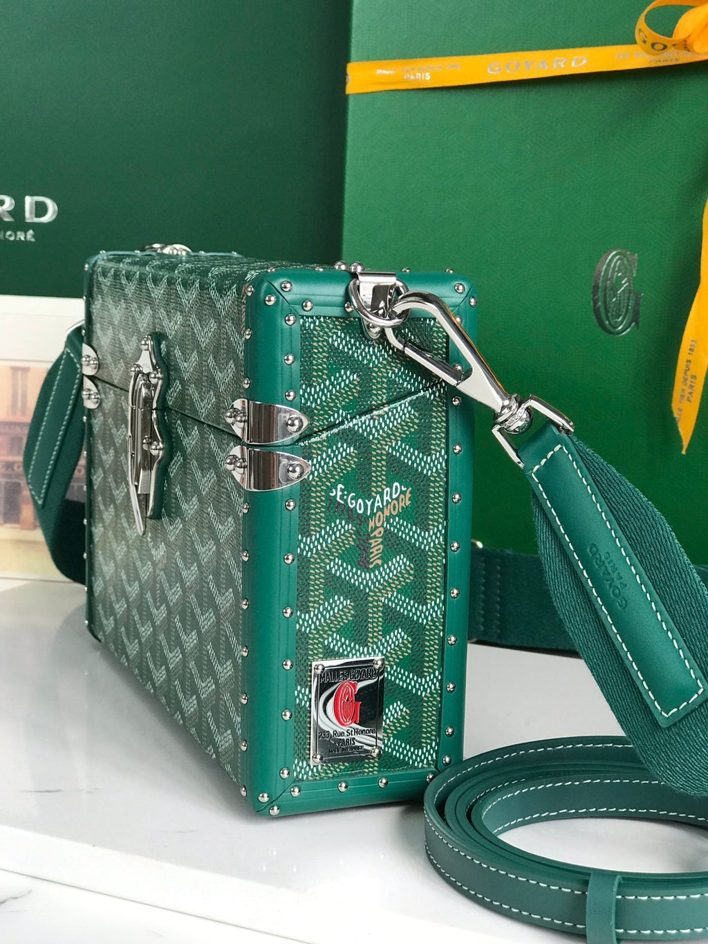 GOYARD CASSETTE TRUNK BAG 21 IN GREEN GOYARDINE CANVAS & CLAMECY COWHIDE