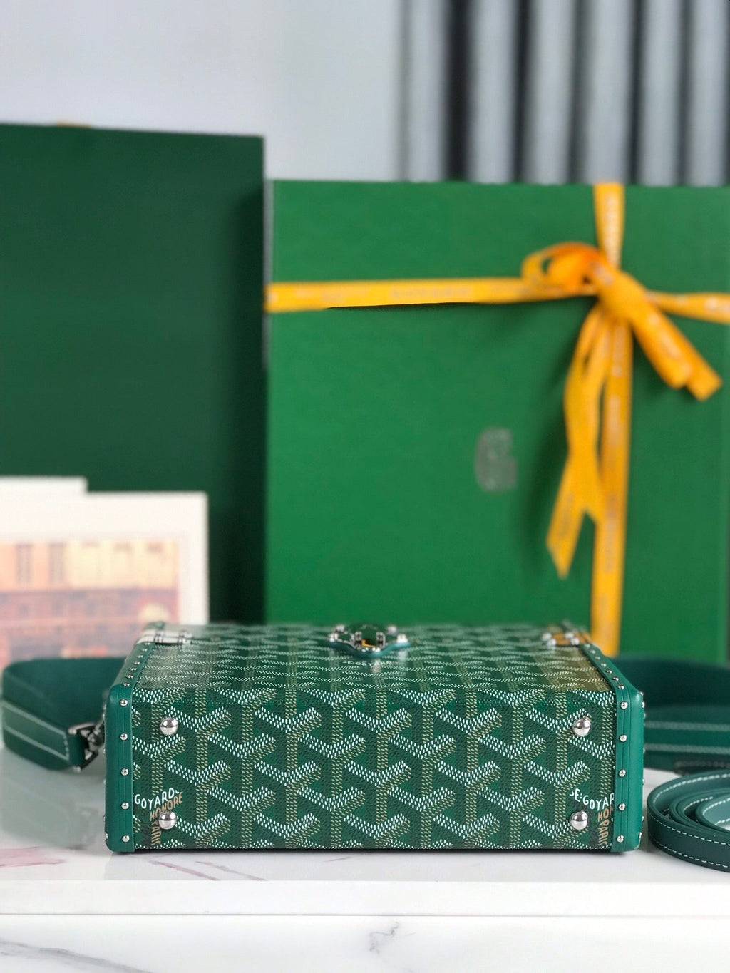 GOYARD CASSETTE TRUNK BAG 21 IN GREEN GOYARDINE CANVAS & CLAMECY COWHIDE