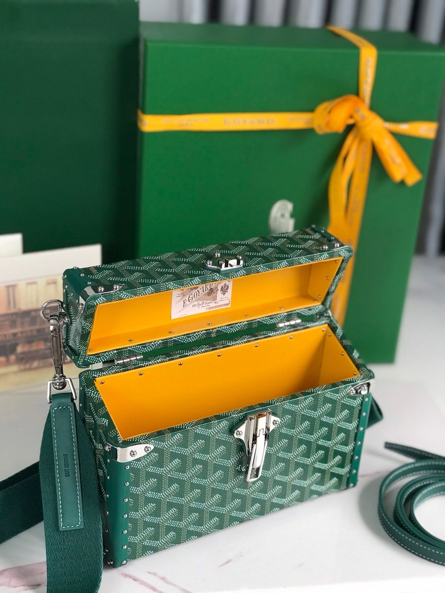 GOYARD CASSETTE TRUNK BAG 21 IN GREEN GOYARDINE CANVAS & CLAMECY COWHIDE