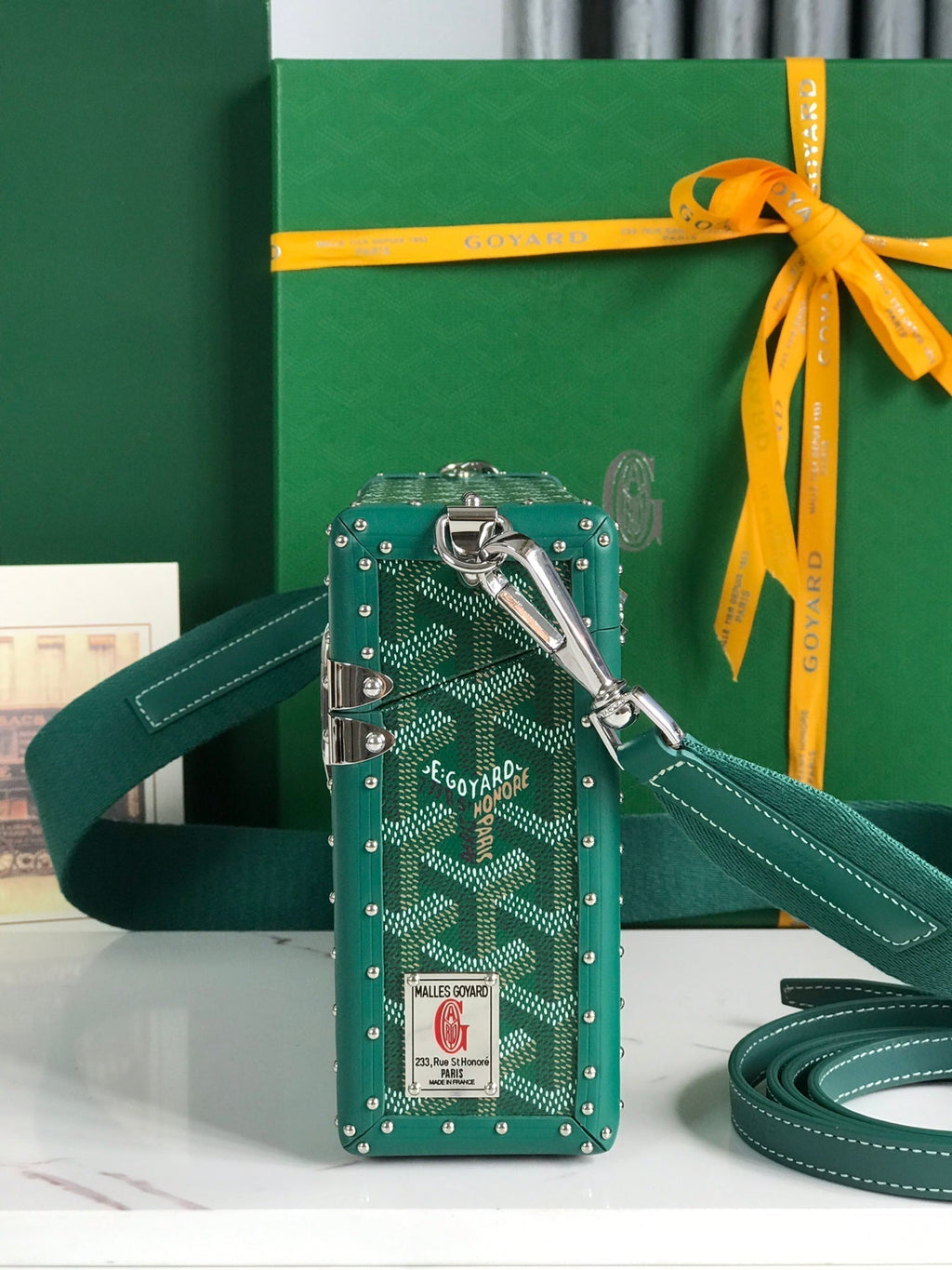 GOYARD CASSETTE TRUNK BAG 21 IN GREEN GOYARDINE CANVAS & CLAMECY COWHIDE