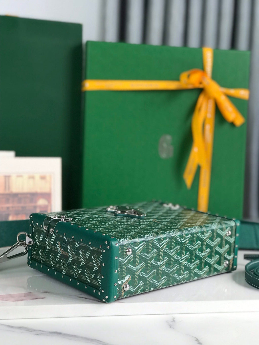 GOYARD CASSETTE TRUNK BAG 21 IN GREEN GOYARDINE CANVAS & CLAMECY COWHIDE