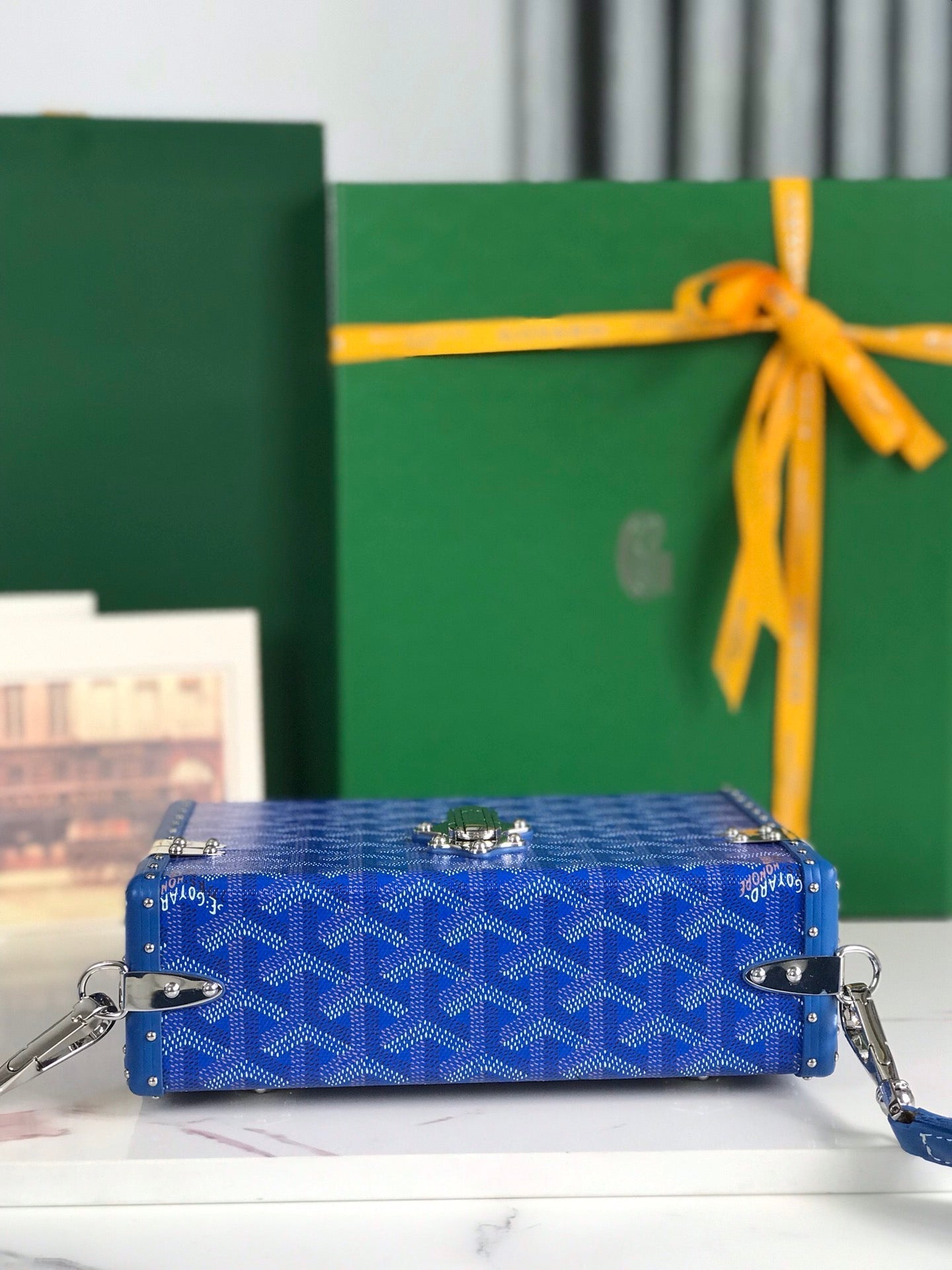 GOYARD CASSETTE TRUNK BAG 21 IN BLUE GOYARDINE CANVAS & CLAMECY COWHIDE
