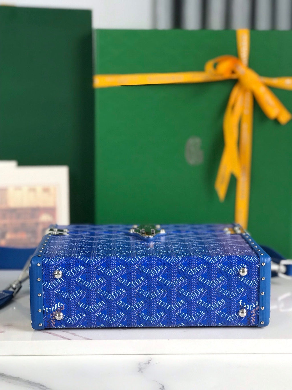 GOYARD CASSETTE TRUNK BAG 21 IN BLUE GOYARDINE CANVAS & CLAMECY COWHIDE