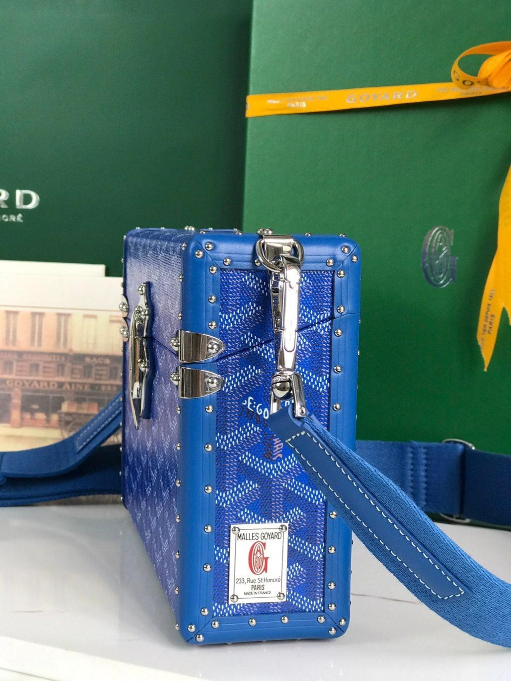 GOYARD CASSETTE TRUNK BAG 21 IN BLUE GOYARDINE CANVAS & CLAMECY COWHIDE