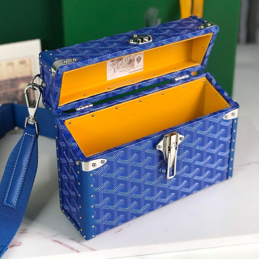 GOYARD CASSETTE TRUNK BAG 21 IN BLUE GOYARDINE CANVAS & CLAMECY COWHIDE