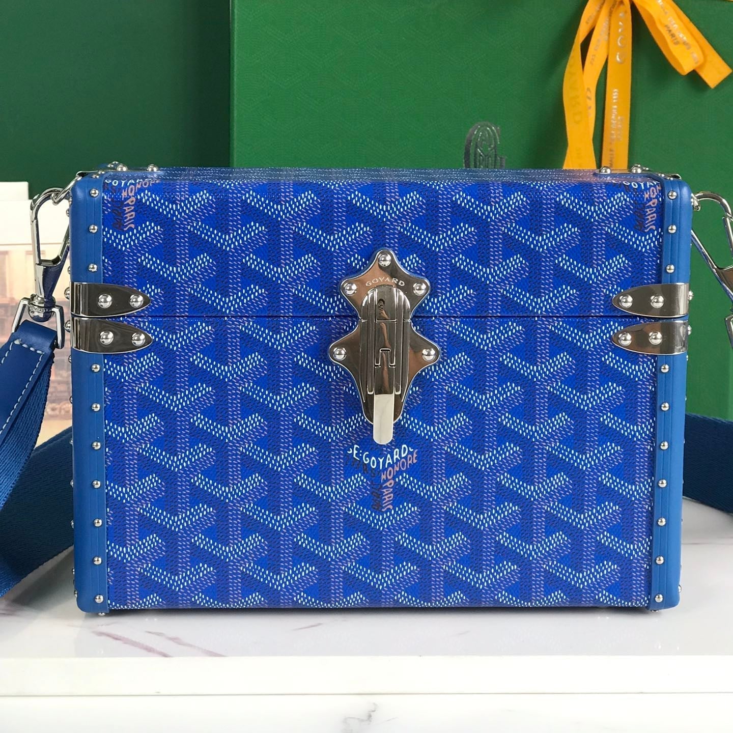 GOYARD CASSETTE TRUNK BAG 21 IN BLUE GOYARDINE CANVAS & CLAMECY COWHIDE
