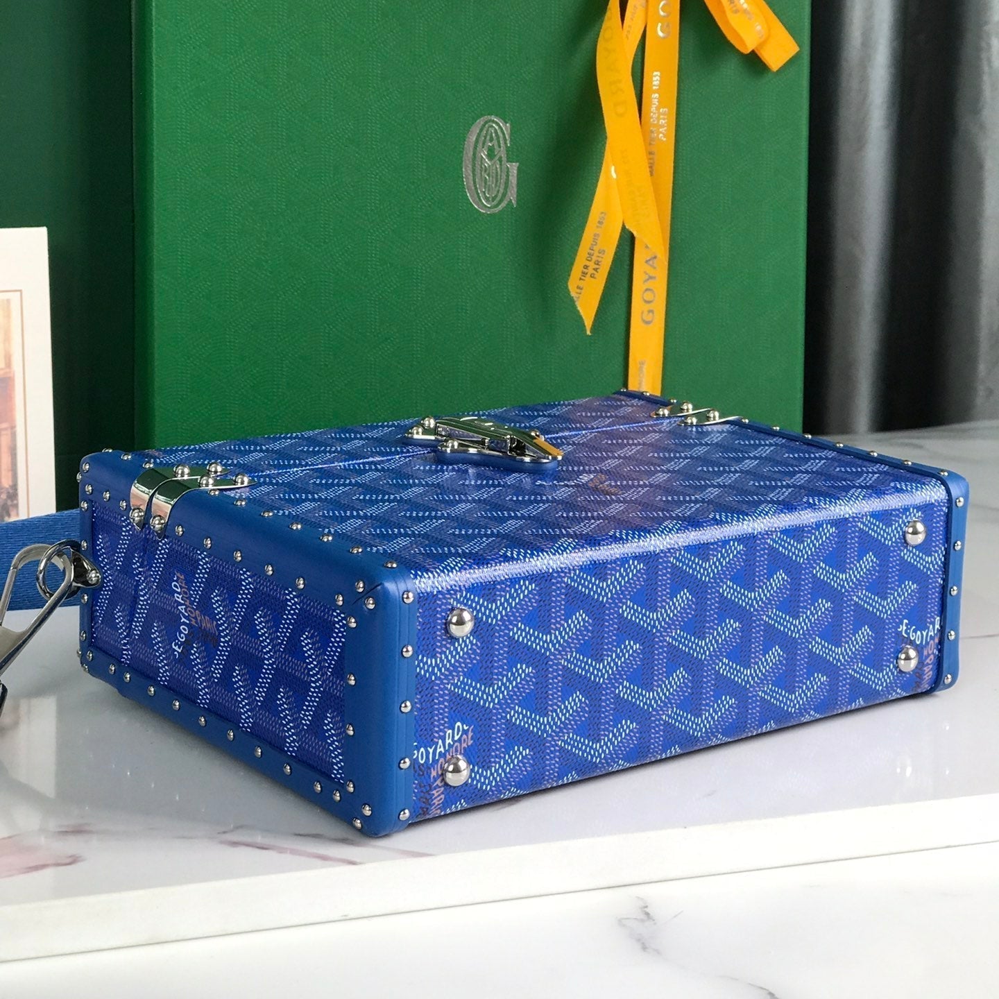 GOYARD CASSETTE TRUNK BAG 21 IN BLUE GOYARDINE CANVAS & CLAMECY COWHIDE
