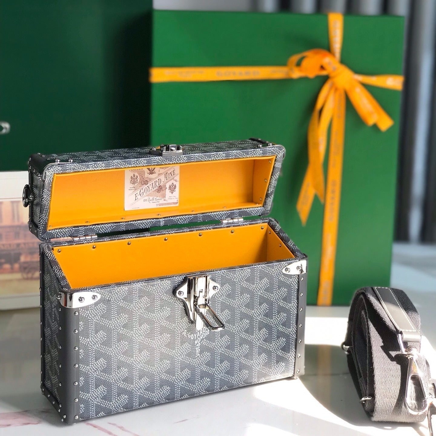 GOYARD CASSETTE TRUNK BAG 21 IN GREY GOYARDINE CANVAS & CLAMECY COWHIDE