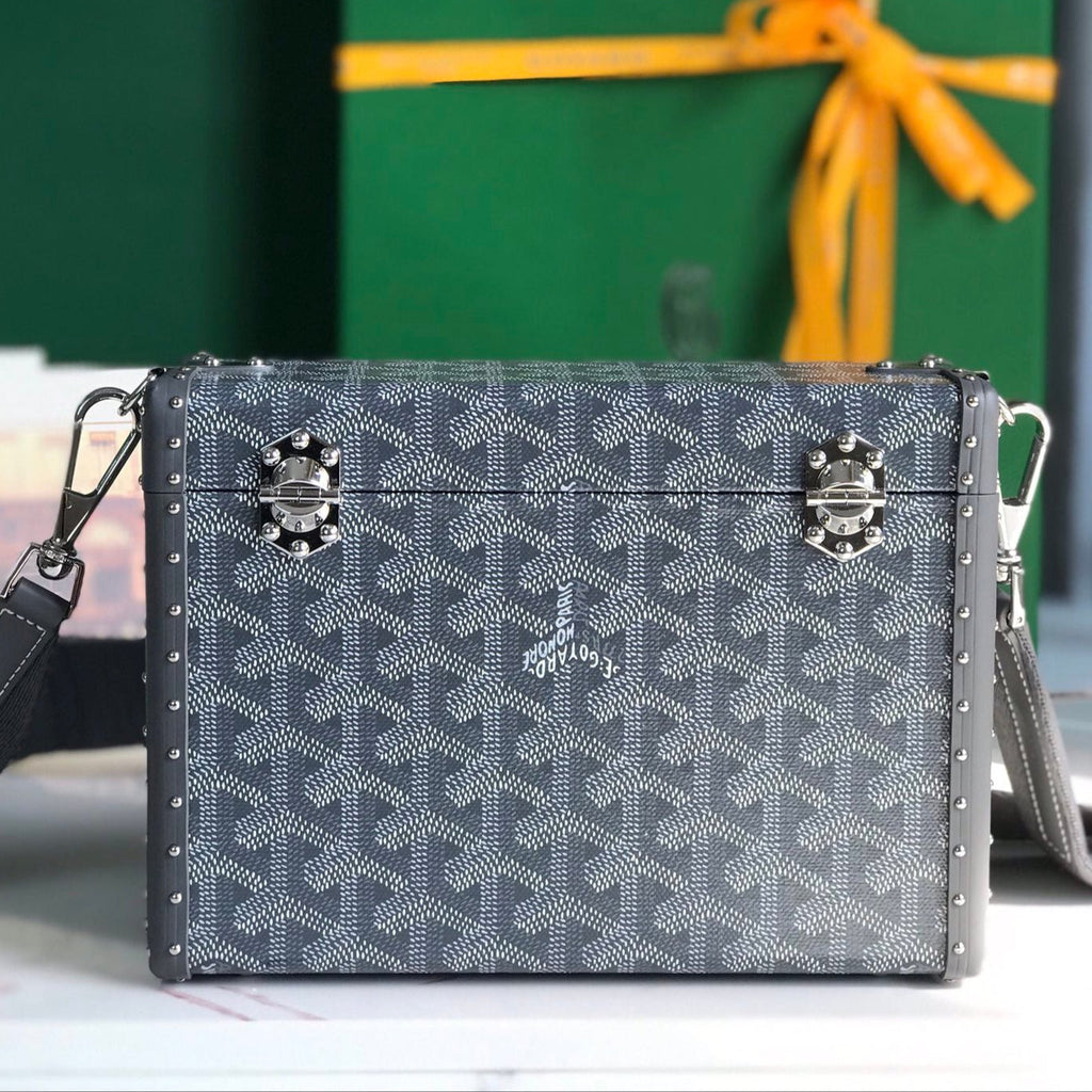 GOYARD CASSETTE TRUNK BAG 21 IN GREY GOYARDINE CANVAS & CLAMECY COWHIDE