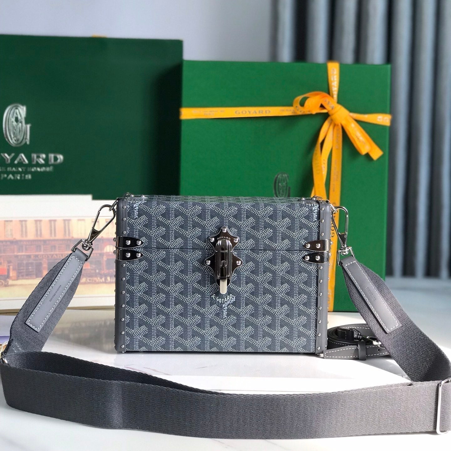GOYARD CASSETTE TRUNK BAG 21 IN GREY GOYARDINE CANVAS & CLAMECY COWHIDE