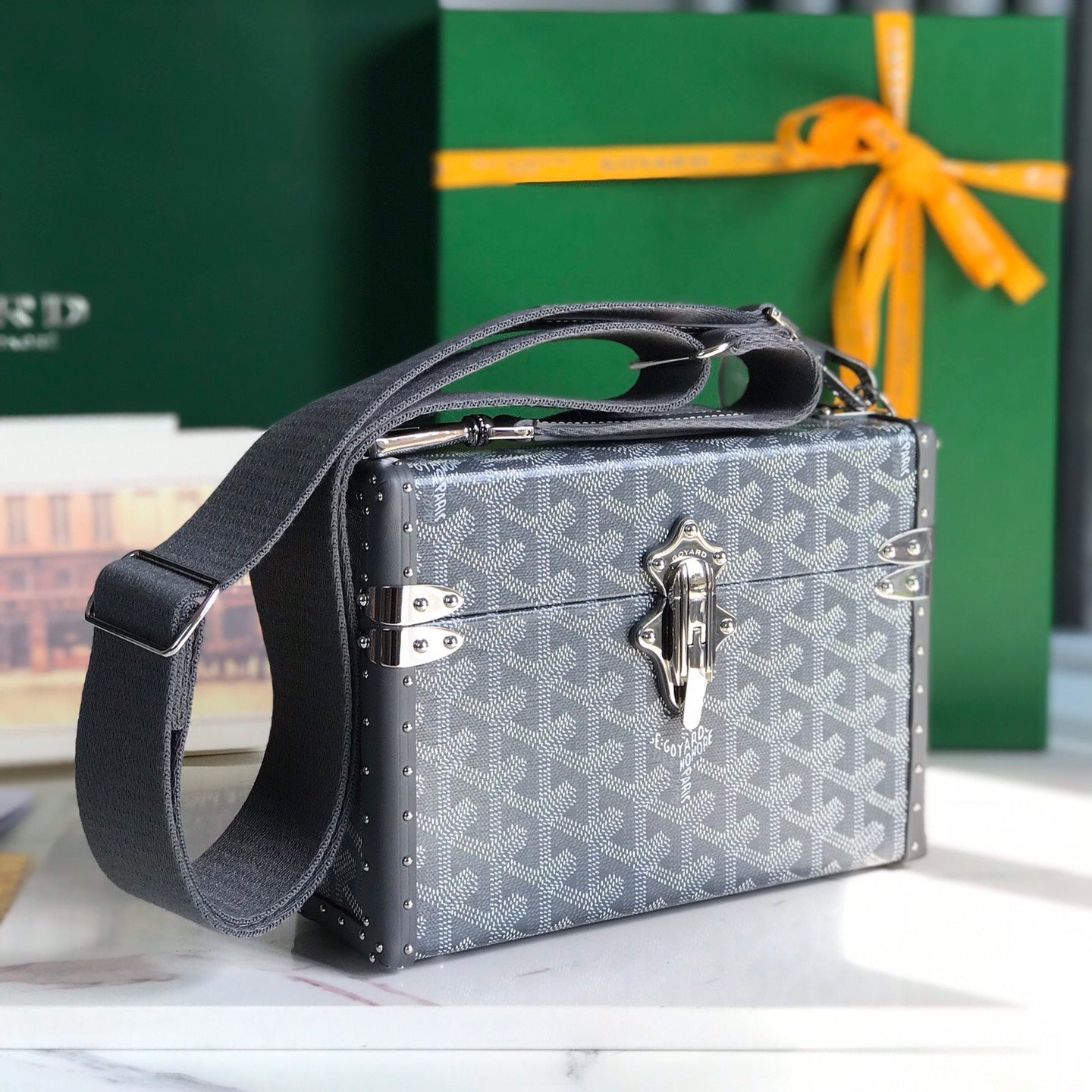 GOYARD CASSETTE TRUNK BAG 21 IN GREY GOYARDINE CANVAS & CLAMECY COWHIDE