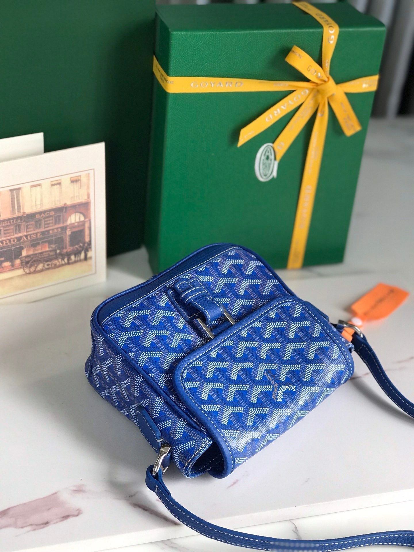 GOYARD GRAND BLEU 16 IN SAPPHIRE BLUE GOYARDINE CANVAS AND LAMBSKIN